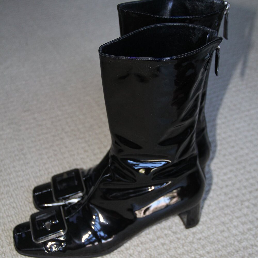 MOSCHINO Italy Black Patent Leather Buckle Boots Heel Back Zipper Size 38.5/39EU